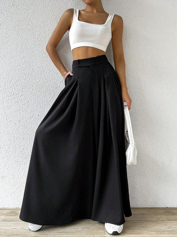 EZwear Solid Fold Pleated Wide Leg Pants EZwear Solid Fold Pleated Wide Leg Pants