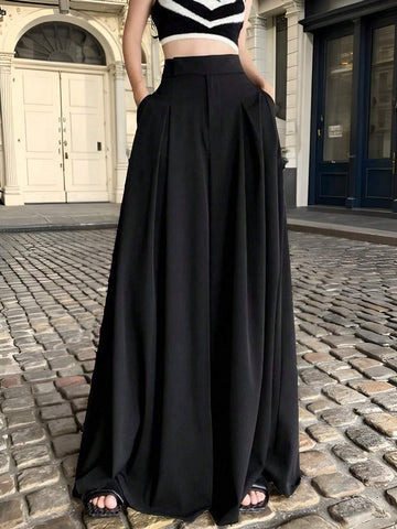 EZwear Solid Fold Pleated Wide Leg Pants EZwear Solid Fold Pleated Wide Leg Pants