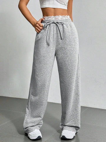 EZwear Summer Basic Deep Gray Drawstring Shorts With Lace Waist Detail EZwear Summer Basic Deep Gray Drawstring Shorts With Lace Waist Detail