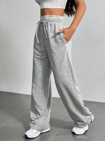 EZwear Summer Basic Deep Gray Drawstring Shorts With Lace Waist Detail EZwear Summer Basic Deep Gray Drawstring Shorts With Lace Waist Detail