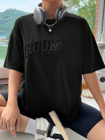 Summer Black Letter Embossed Drop Shoulder Tee Graphic Shirt Summer Black Letter Embossed Drop Shoulder Tee Graphic Shirt