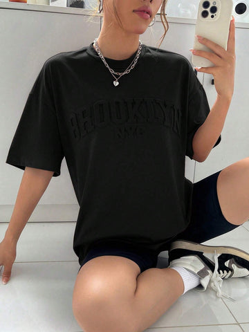 Summer Black Letter Embossed Drop Shoulder Tee Graphic Shirt Summer Black Letter Embossed Drop Shoulder Tee Graphic Shirt