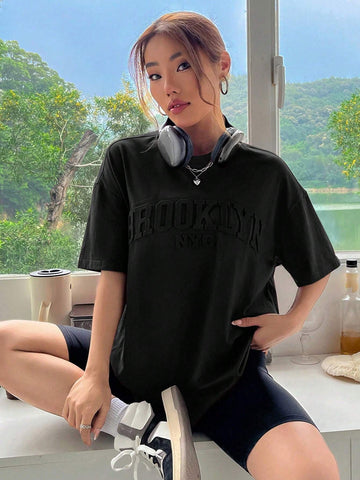 Summer Black Letter Embossed Drop Shoulder Tee Graphic Shirt Summer Black Letter Embossed Drop Shoulder Tee Graphic Shirt
