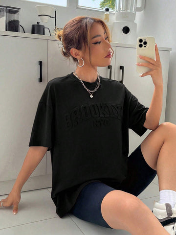 Summer Black Letter Embossed Drop Shoulder Tee Graphic Shirt Summer Black Letter Embossed Drop Shoulder Tee Graphic Shirt