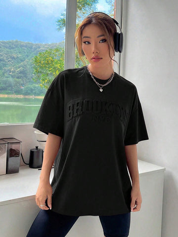 Summer Black Letter Embossed Drop Shoulder Tee Graphic Shirt Summer Black Letter Embossed Drop Shoulder Tee Graphic Shirt