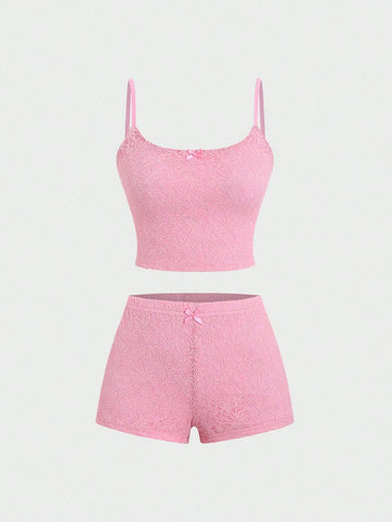 Summer Solid Color Lace Spaghetti Strap Shorts Set For Slim Fit Summer Solid Color Lace Spaghetti Strap Shorts Set For Slim Fit