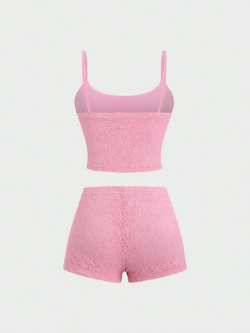 Summer Solid Color Lace Spaghetti Strap Shorts Set For Slim Fit Summer Solid Color Lace Spaghetti Strap Shorts Set For Slim Fit