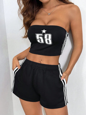 Summer Sports & Leisure Basketball Game Sleeveless Top And Pocketed Side Stripe Shorts Set, Black Summer Sports & Leisure Basketball Game Sleeveless Top And Pocketed Side Stripe Shorts Set, Black
