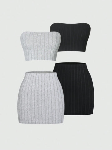 Texture-Grabbing Strapless Crop Top And Skirt Set Texture-Grabbing Strapless Crop Top And Skirt Set