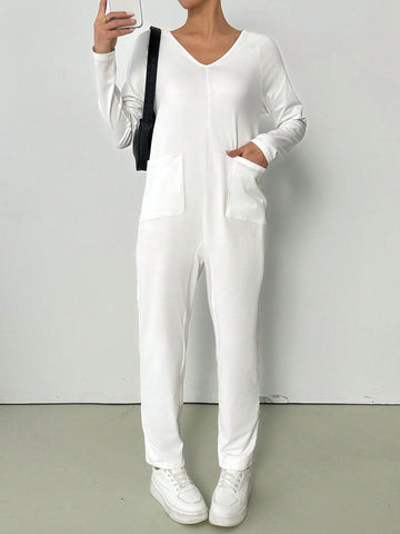 V-Neck Solid Color Casual Long Sleeve Jumpsuit With Pockets V-Neck Solid Color Casual Long Sleeve Jumpsuit With Pockets