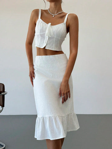 White Sweet Elegant Pleated Camisole & Mid-Length Skirt Set With Ruched Hem, Summer White Sweet Elegant Pleated Camisole & Mid-Length Skirt Set With Ruched Hem, Summer