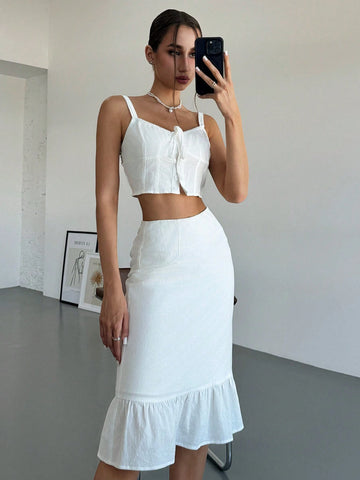 White Sweet Elegant Pleated Camisole & Mid-Length Skirt Set With Ruched Hem, Summer White Sweet Elegant Pleated Camisole & Mid-Length Skirt Set With Ruched Hem, Summer