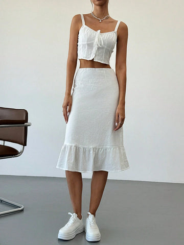 White Sweet Elegant Pleated Camisole & Mid-Length Skirt Set With Ruched Hem, Summer White Sweet Elegant Pleated Camisole & Mid-Length Skirt Set With Ruched Hem, Summer