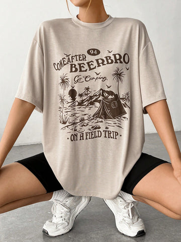 Women'S Letter And Coconut Tree Print T-Shirt And Shorts Set Women'S Letter And Coconut Tree Print T-Shirt And Shorts Set