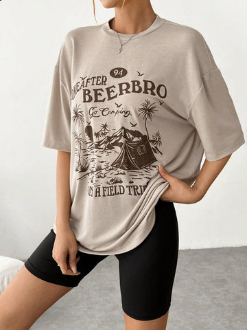 Women'S Letter And Coconut Tree Print T-Shirt And Shorts Set Women'S Letter And Coconut Tree Print T-Shirt And Shorts Set