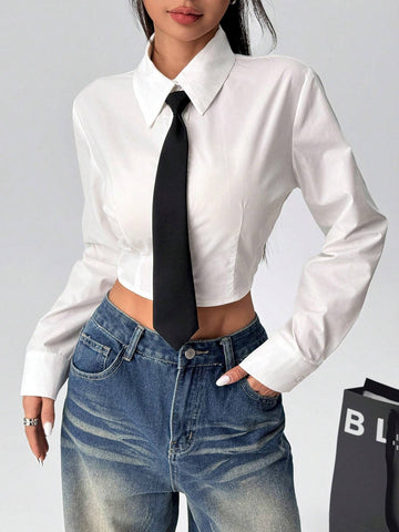 EZwear Women Casual Plain Color Cropped Shirt For Autumn EZwear Women Casual Plain Color Cropped Shirt For Autumn