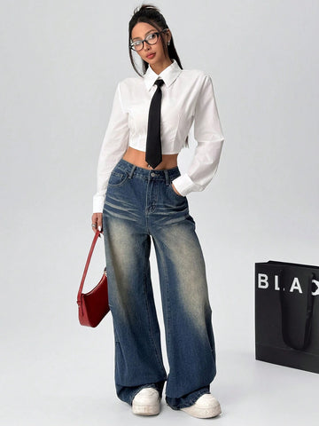 EZwear Women Casual Plain Color Cropped Shirt For Autumn EZwear Women Casual Plain Color Cropped Shirt For Autumn