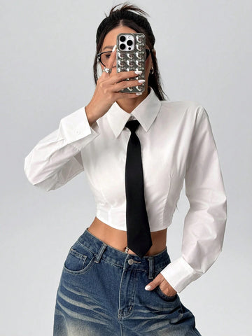 EZwear Women Casual Plain Color Cropped Shirt For Autumn EZwear Women Casual Plain Color Cropped Shirt For Autumn