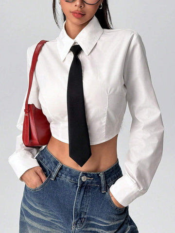 EZwear Women Casual Plain Color Cropped Shirt For Autumn EZwear Women Casual Plain Color Cropped Shirt For Autumn