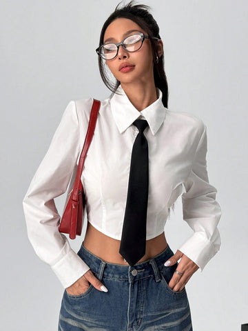 EZwear Women Casual Plain Color Cropped Shirt For Autumn EZwear Women Casual Plain Color Cropped Shirt For Autumn