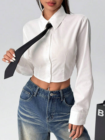 EZwear Women Casual Plain Color Cropped Shirt For Autumn EZwear Women Casual Plain Color Cropped Shirt For Autumn