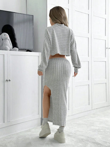 Women Casual Solid Color Batwing Sleeve Crop Top & Side Slit Skirt 2pcs Set, For Autumn Women Casual Solid Color Batwing Sleeve Crop Top & Side Slit Skirt 2pcs Set, For Autumn