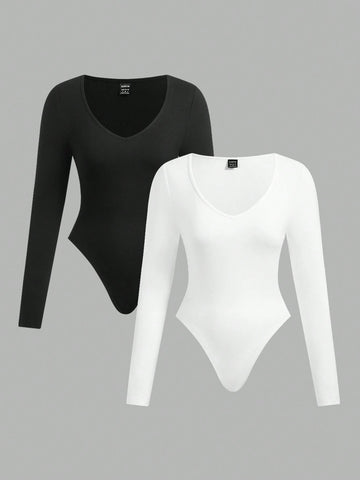Women Casual Two-Tone Long Sleeve Bodysuit Women Casual Two-Tone Long Sleeve Bodysuit