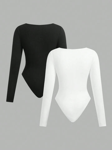 Women Casual Two-Tone Long Sleeve Bodysuit Women Casual Two-Tone Long Sleeve Bodysuit