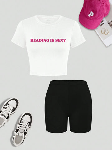 Women Letter Print Casual Spring/Summer Short Sleeve T-Shirt And Shorts Set Women Letter Print Casual Spring/Summer Short Sleeve T-Shirt And Shorts Set