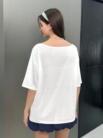 Women Oblique Shoulder Short Sleeve Numeric Print Casual T-Shirt Women Oblique Shoulder Short Sleeve Numeric Print Casual T-Shirt