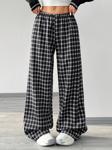 EZwear Women Plaid Elastic Waist Casual Pants, Everyday Wear EZwear Women Plaid Elastic Waist Casual Pants, Everyday Wear