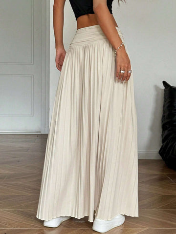 EZwear Women Solid Color Pleated Waist Long Casual Skirt EZwear Women Solid Color Pleated Waist Long Casual Skirt