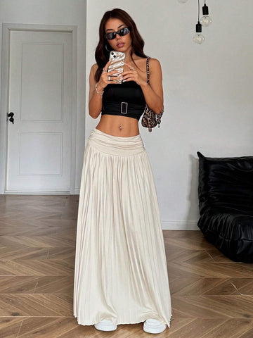EZwear Women Solid Color Pleated Waist Long Casual Skirt EZwear Women Solid Color Pleated Waist Long Casual Skirt
