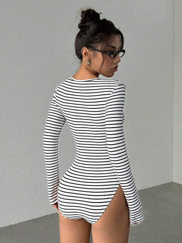 Women Striped Boxy Collar Long Sleeve Casual T-Shirt Bodysuit, Autumn Women Striped Boxy Collar Long Sleeve Casual T-Shirt Bodysuit, Autumn