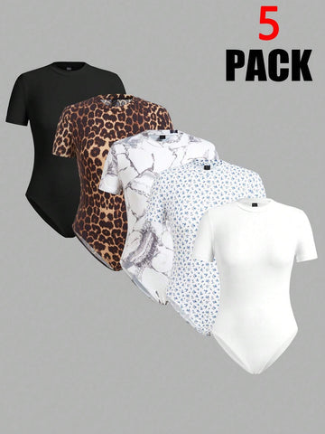 Women's 5pcs/Set Casual Round Neck Short Sleeve Bodysuit Set Women's 5pcs/Set Casual Round Neck Short Sleeve Bodysuit Set