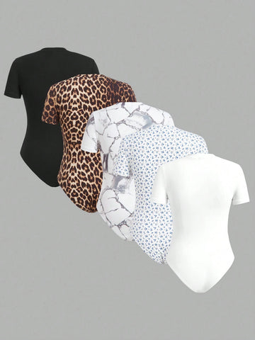 Women's 5pcs/Set Casual Round Neck Short Sleeve Bodysuit Set Women's 5pcs/Set Casual Round Neck Short Sleeve Bodysuit Set