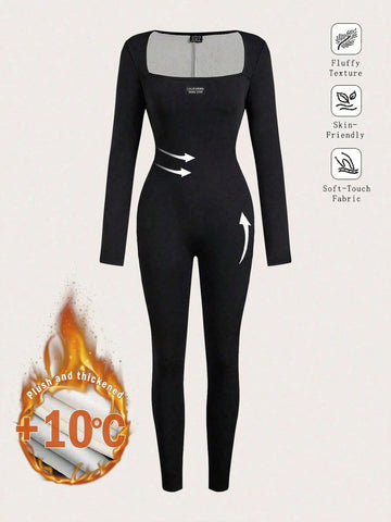 Women's Milano Print Black Square Neck Casual Fitted Thermal Lined Warm Long Sleeve Long Jumpsuit, Basic Autumn/Winter Style Women's Milano Print Black Square Neck Casual Fitted Thermal Lined Warm Long Sleeve Long Jumpsuit, Basic Autumn/Winter Style