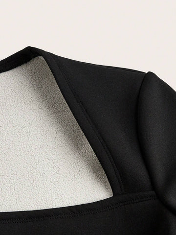 Women's Milano Print Black Square Neck Casual Fitted Thermal Lined Warm Long Sleeve Long Jumpsuit, Basic Autumn/Winter Style Women's Milano Print Black Square Neck Casual Fitted Thermal Lined Warm Long Sleeve Long Jumpsuit, Basic Autumn/Winter Style