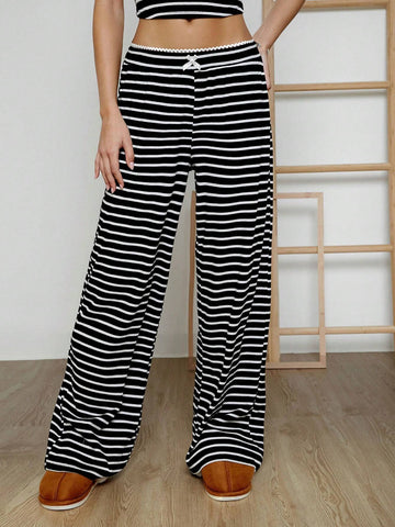 EZwear Women's Casual Black & White Striped Knit Pants EZwear Women's Casual Black & White Striped Knit Pants