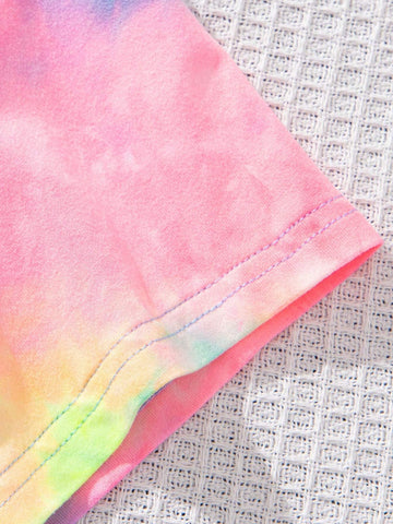 Women's Casual Smile Printed Colorful Tie-Dye T-Shirt And Shorts Set, Suitable For Summer Women's Casual Smile Printed Colorful Tie-Dye T-Shirt And Shorts Set, Suitable For Summer