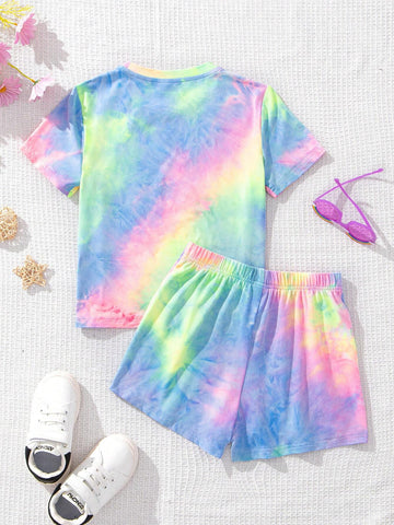 Women's Casual Smile Printed Colorful Tie-Dye T-Shirt And Shorts Set, Suitable For Summer Women's Casual Smile Printed Colorful Tie-Dye T-Shirt And Shorts Set, Suitable For Summer