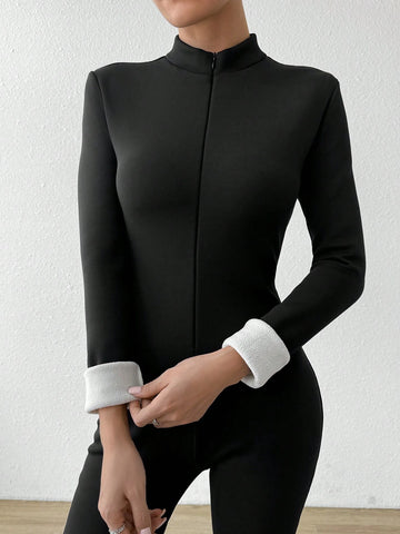 Women's Casual Tight Fit Fleece Lined Thick Warm Long Sleeve Jumpsuit, Clothes Suitable For Autumn/Winter Women's Casual Tight Fit Fleece Lined Thick Warm Long Sleeve Jumpsuit, Clothes Suitable For Autumn/Winter