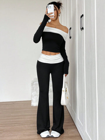 Women's Color Block Off Shoulder Long Sleeve Top & Bodycon Mini Skirt 2-Piece Set Women's Color Block Off Shoulder Long Sleeve Top & Bodycon Mini Skirt 2-Piece Set