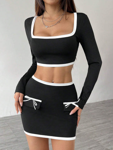 Women's Contrast Color Square Neck Long Sleeve Top And Bow Decor Skirt Set Women's Contrast Color Square Neck Long Sleeve Top And Bow Decor Skirt Set