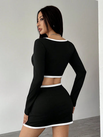 Women's Contrast Color Square Neck Long Sleeve Top And Bow Decor Skirt Set Women's Contrast Color Square Neck Long Sleeve Top And Bow Decor Skirt Set