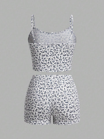 Women's Ditsy Floral Tank Top And Skinny Pants Set, Spring/Summer Women's Ditsy Floral Tank Top And Skinny Pants Set, Spring/Summer