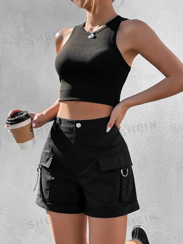 EZwear Women's Drawstring Flap Pocket Side Roll Up Hem Cargo Shorts EZwear Women's Drawstring Flap Pocket Side Roll Up Hem Cargo Shorts