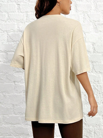 Women's Loose Fit Letter Print Drop Shoulder Top And Solid Cycling Shorts Set Women's Loose Fit Letter Print Drop Shoulder Top And Solid Cycling Shorts Set