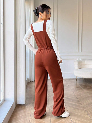Women's Plain Color Waist Tied Pocket Casual Jumpsuit With Straps Women's Plain Color Waist Tied Pocket Casual Jumpsuit With Straps