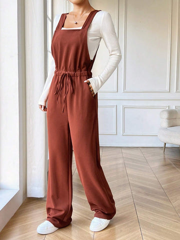 Women's Plain Color Waist Tied Pocket Casual Jumpsuit With Straps Women's Plain Color Waist Tied Pocket Casual Jumpsuit With Straps